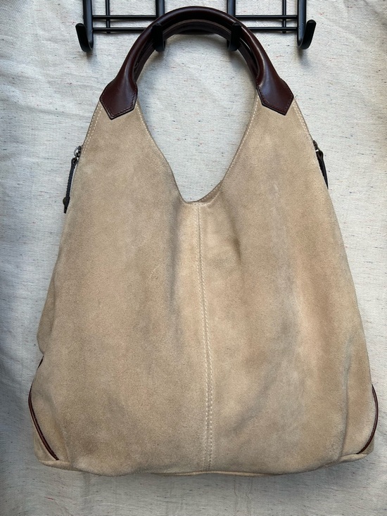 Nardelli Handbags - NARDELLI Neutral Suede Hobo Bag with Brown Leather Handles